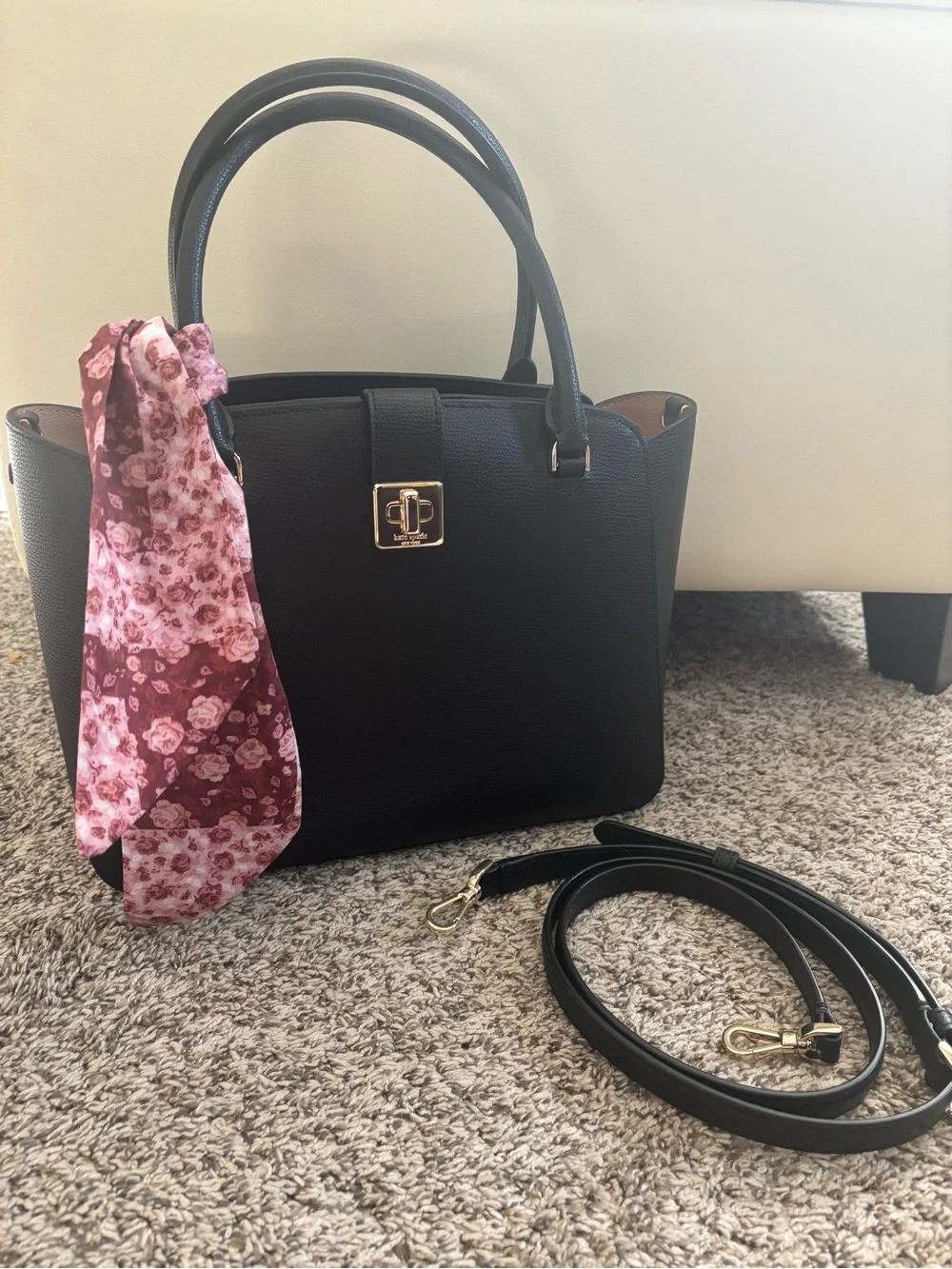 kate spade Black Structured Satchel with Floral Scarf Accent